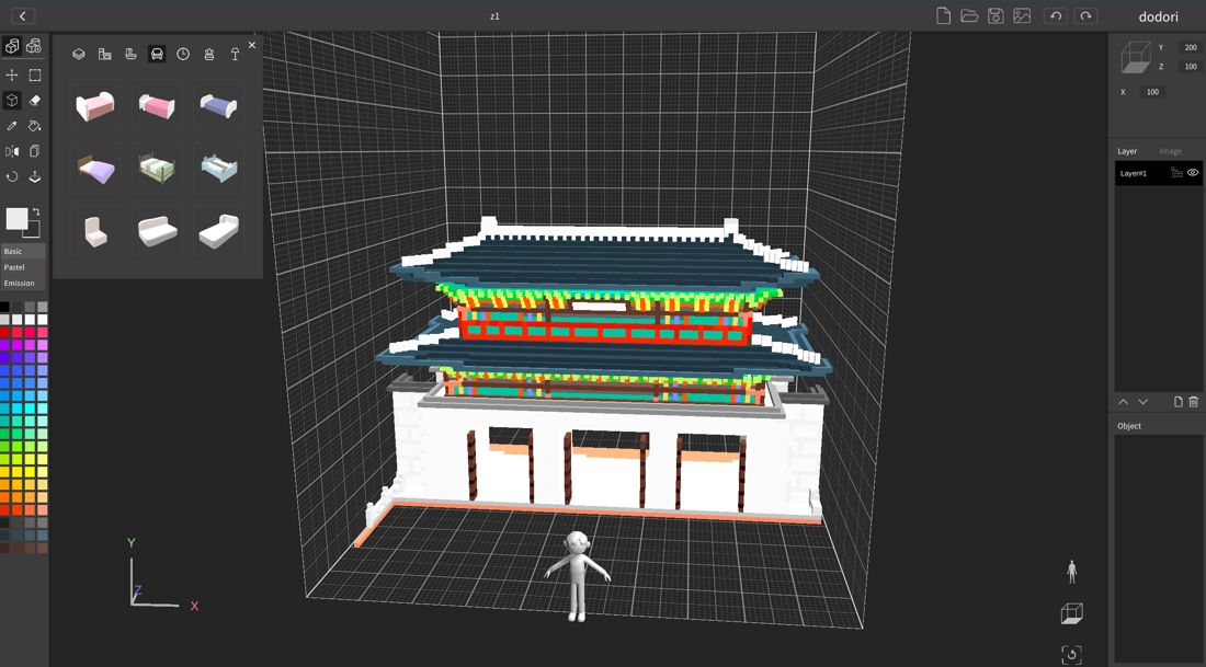 Voxel 3D editor with the object library